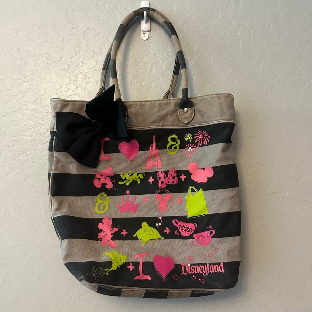 Disney Parks Disneyland Black, Gray and Neon Striped Canvas Tote Bag with Bow